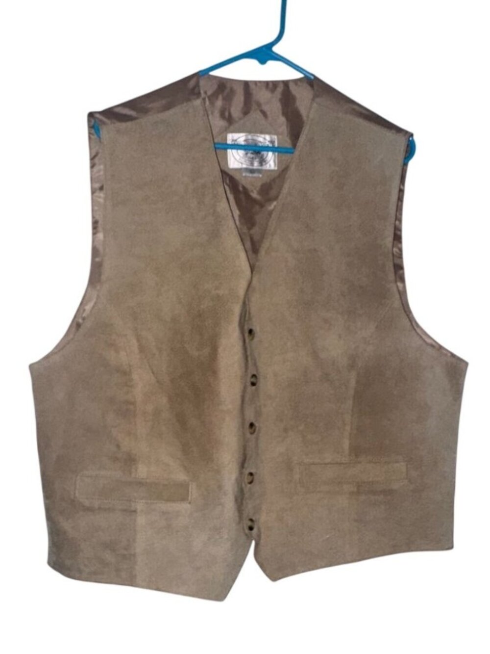 John Ashford Mens Suede Vest Medium Brown Leather Button Front Sleeveless Satin